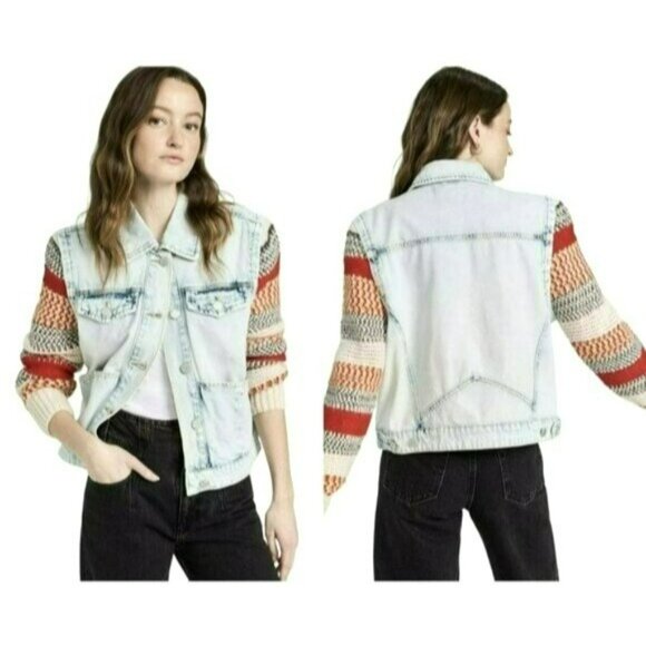 BLANK NYC $198 Large Happy Promises Striped Knit Denim Trucker Jacket NWT - Picture 4 of 10